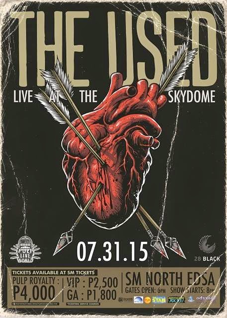 SATURDAY, APRIL 18, 2015 The Used Live in Manila 2015 After headlining last year's Bazooka Rocks, post-hardcore rock group The Used will be making their return to Manila this July 2015 and they'll be having a major concert for the first time at the Skydome. Concert details below: Pulp Live World presents THE USED LIVE IN MANILA The Return - First Major Concert in the Philippines July 31, 2015 - 8:00pm SM Skydome, SM City North Edsa, Quezon City TICKET PRICES VIP - P2,585 (Standing) General Admission - P1,860 (Free Seating) Tickets available at SM Tickets outlets nationwide and online at www.smtickets.com. Call 470.2222 for ticket inquiries. For PULP Royalty inquiries that offer special and exclusive fan privileges, you can e-mail royalty@pulpliveworld.com or contact the PULP Royalty hotline at 727-4957. LINKS http://theused.net/ https://www.smtickets.com/event/details?event_id=3256 https://www.smtickets.com/event/details?event_id=3258 - For PULP Royalty www.pulpliveworld.com VIDEOS -Cry by The Used