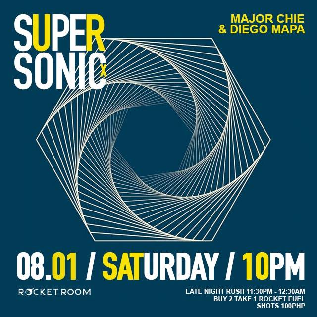 SUPERSONIC     Saturday, August 1     at 10:00pm - 3:00am     Aug 1 at 10:00pm to Aug 2 at 3:00am     	     Show Map     Stella/Rocketroom, Bonifacio High Street     Taguig     	     Invited by Chie Castaneda /// SAT August 1, 10pm /// SUPERSONIC DJs Major Chie & Diego Mapa (Pedicab, Tarsius) on sound patrol, blasting supersonic funk tunes and electronic beats from another dimension. **BOTTLE SPECIALS: Johnnie Walker 2.500PHP. Ketel One 2.900PHP incl mixers** Presented by M Sessions & Ketel One