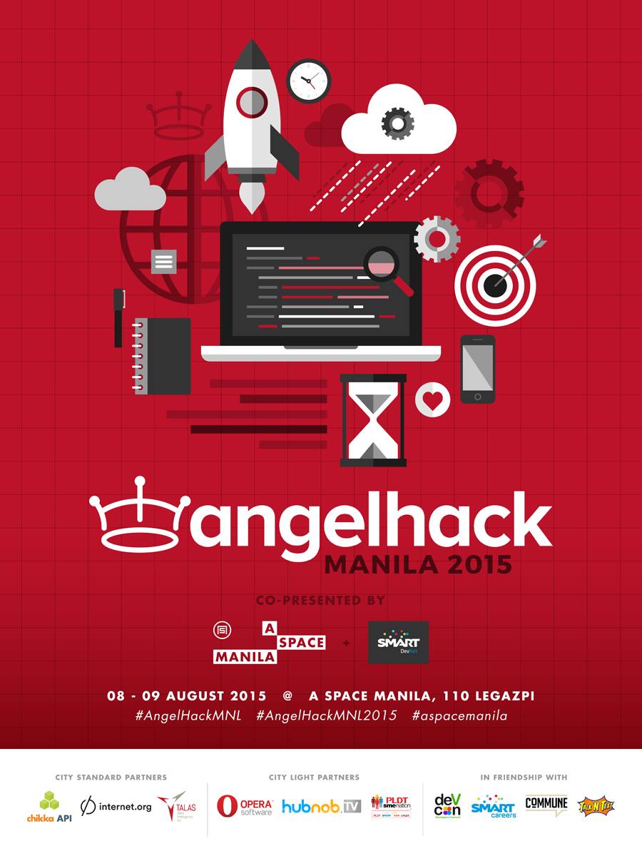 AngelHack Manila 2015     Saturday, August 8     Tomorrow · 87°F / 77°F Chance of a Thunderstorm     	     Show Map     A Space Manila     110 Legazpi Street, 1229 Makati Backed by the world’s biggest tech companies, AngelHack is ready for another series on AUG. 8-9, 2015 at A SPACE Greenbelt. The 24-hour coding marathon invites and dares hundreds of aspiring developers to showcase and present their (caffeine-induced and adrenaline-backed) ideas to a pool of judges composed of the country’s tech icons and community movers. The winning team will represent the Philippines at this year’s Spring 2015 HACKcelerator program in Silicon Valley, California. #AngelHackMNL #AngelHackMNL2015 #aspacemanila Know more about the judges + event here: http://aspacemanila.com/swagger/angelhack-2015-takeover-manila/