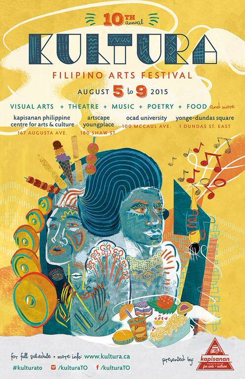 #KulturaTO @ Yonge-Dundas Square!     Sunday, August 9     at 12:00pm - 7:00pm in EDT     	     Show Map     Kultura Filipino Arts Festival     1 Dundas Street East, Toronto, Ontario M5B 2R8     	     Find Tickets     Tickets Available     kainkalye2015.eventbrite.ca     	     Filipinas Ropa shared this with you #KulturaTO | IG @KulturaTO | FB @KulturaTO | Kultura.ca SUNDAY, AUG 9 2015 12-7PM @ Yonge-Dundas Square FREE Event! #KULTURATO is celebrating its 10 YEAR ANNIVERSARY! We're going big this year -- come and join us at Yonge-Dundas Square! ✦ KAIN KALYE: Filipino Street Eats Competition ✦ KULTURA Live! ✦ KULTURA Marketplace ✦✦✦ Philippine Airlines presents Kain Kalye: Filipino Street Eats Competition ✦✦✦ Sample traditional and nouveau Filipino street food! Kain Kalye will feature Filipino food from the following vendors: Las Piñas Kusina | Lola's Kusina | Kanto by Tita Flips | Chef G Services | more vendors to be announced! SAVE + AVOID THE LINEUP, grab your Kain Kalye Passport now! Sample all Filipino Street Eats Competition items for only $15! http://kainkalye2015.eventbrite.ca/ ✦✦✦ KULTURA Marketplace ✦✦✦ Features a curated selection of Toronto’s most vibrant and innovative Filipino-Canadian artisans, craftspeople, and entrepreneurs. ✦✦✦ KULTURA Live! Stage ✦✦✦ Live performances of the best of Toronto’s Filipino-Canadian musicians, dancers, and spoken word poets. Music line-up to be announced soon! The Kultura Filipino Arts Festival is made possible by the generous contribution of: Toronto Arts Council | Ontario Arts Council - Conseil des arts de l'Ontario | Canadian Heritage | Guerilla Printing | Business for the Arts | Philippine Airlines About KULTURA Filipino Arts Festival Energized by cultural pride and a progressive outlook on the Filipino-Canadian experience, Kultura Filipino Arts Festival has captivated the broader Toronto public for a decade with its innovative programming of live performanc