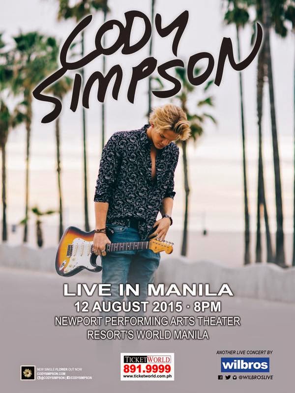 Cody Simpson Live in Manila     Wednesday, August 12     at 8:00pm          Show Map     Newport Performing Arts Theater     MANLUNAS, 1309 Pasay City, Philippines           Find Tickets     Tickets Available     bit.ly Wilbros Live presents CODY SIMPSON Live in Manila! August 12, 2015 - 8:00pm Newport Performing Arts Theater, Resorts World Manila, Pasay City TICKET PRICES Early Bird rates (until May 31, 2015) PREMIER - P4,334 DELUXE/BALCONY CENTER - P3,258 DELUXE/BALCONY L&R - P2,172 ***** Regular rates PREMIER - P 4,887 DELUXE/BALCONY CENTER - P3,801 DELUXE / BALCONY L&R - P2,715 FOR VIP(with meet and greet), contact Wilbros Live: 374.2222 | 374.9999 Tickets are available at all Ticketworld outlets and online at http://bit.ly/codysimpsonmnl. Call 891-9999 for ticket inquiries. LINKS http://codysimpson.com/ https://www.facebook.com/codysimpsonmusic https://www.facebook.com/wilbroslive http://bit.ly/codysimpsonmnl -- Manila Concert Scene [OFFICIAL Fan Page] Cody Simpson is finally heading to Manila this August 2015 thanks to Wilbros Live. See full details of his show here: http://manilaconcertscene.blogspot.com/2015/05/codysimpson2015.html #2015ManilaConcerts ----- SATURDAY, MAY 9, 2015 Cody Simpson Live in Manila The long wait is over, Australian pop superstar Cody Simpson is finally coming to Manila! His show will be held at the Newport Theater in Resorts World Manila this August 2015. Concert details below Wilbros Live presents CODY SIMPSON  Live in Manila! August 12, 2015 - 8:00pm Newport Performing Arts Theater, Resorts World Manila, Pasay City TICKET PRICES Prices to be announced soon Tickets will be available starting May 15, 2015 at all Ticketworld outlets and online at www.ticketworld.com.ph/manilaconcertscene. Call 891-9999 for ticket inquiries. LINKS http://codysimpson.com/ https://www.facebook.com/codysimpsonmusic https://www.facebook.com/wilbroslive VIDEOS -New Problems by Cody Simpson -Flower by Cody Simpson -Wish U Were Here