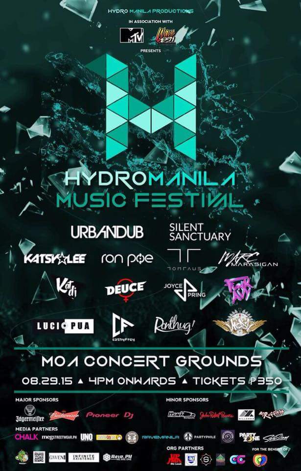 Hydro Manila Music Festival     Saturday, August 29     at 4:00pm     	     Show Map     SM Mall of Asia Concert Grounds     Seaside Boulevard, Mall of Asia Complex, 1301 Pasay City, Philippines Hydro Manila Music Festival A Celebration of Music, Water and Life! August 29, 2015 - 4pm SM Mall of Asia Concert Grounds Ticket Prices P350 Tickets are now available at all SM Tickets outlets nationwide and online at www.smtickets.com. Call 470-2222 for inquiries. LINKS https://smtickets.com/events/view/3511 http://twitter.com/hydromanila