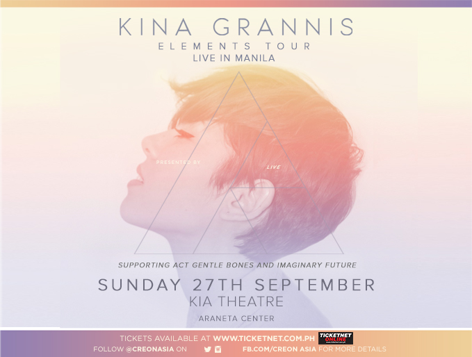 Kina Grannis Elements Tour Live In Manila KIA Theatre 09/27/2015 Kina Kasuya Grannis (born August 4, 1985) is an American guitarist and singer-songwriter. She is half Japanese and half European American. Grannis was the winner of the Doritos Crash the Super Bowl contest. As a result of winning, she earned a recording contract with Interscope Records and had her music video played during the commercials of Super Bowl XLII on February 3, 2008. She won Best Web-Born Artist at the 2011 MTV O Music Awards.  -source- https://en.wikipedia.org/wiki/Kina_Grannis EARLY BIRD 1 Php 2279 EARLY BIRD 2 Php 1855 EARLY BIRD 3 Php 1325 EARLY BIRD 4 Php 1193 EARLY BIRD 5 Php 901 Buy Tickets