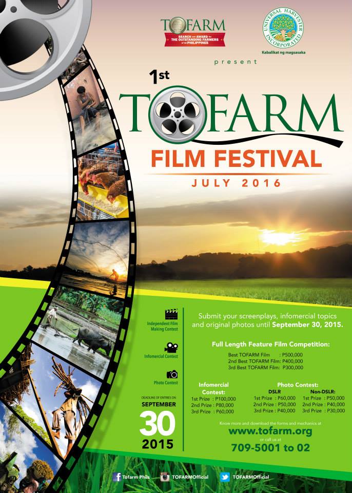 TOFARM Film Festival 2016. Call 709-5001/709-5002 for more details! ‪#‎TOFARMFilmFestival2016‬ Full Length Feature Film Best TOFARM Film: PhP 500,000 2nd Best: PhP 400,000 3rd Best: PhP 300,000 PLUS PhP1.5M grant for six (6) chosen films Infomercial 1st: PhP 120,000 2nd: PhP 100,000 3rd: PhP 80,000 Photo Competition: Non-DSLR 1st: PhP 50,000 2nd: PhP 40,000 3rd: PhP 30,000 DSLR: 1st: PhP 100,000 2nd: PhP 80,000 3rd: PhP 60,000 JOIN NOW!