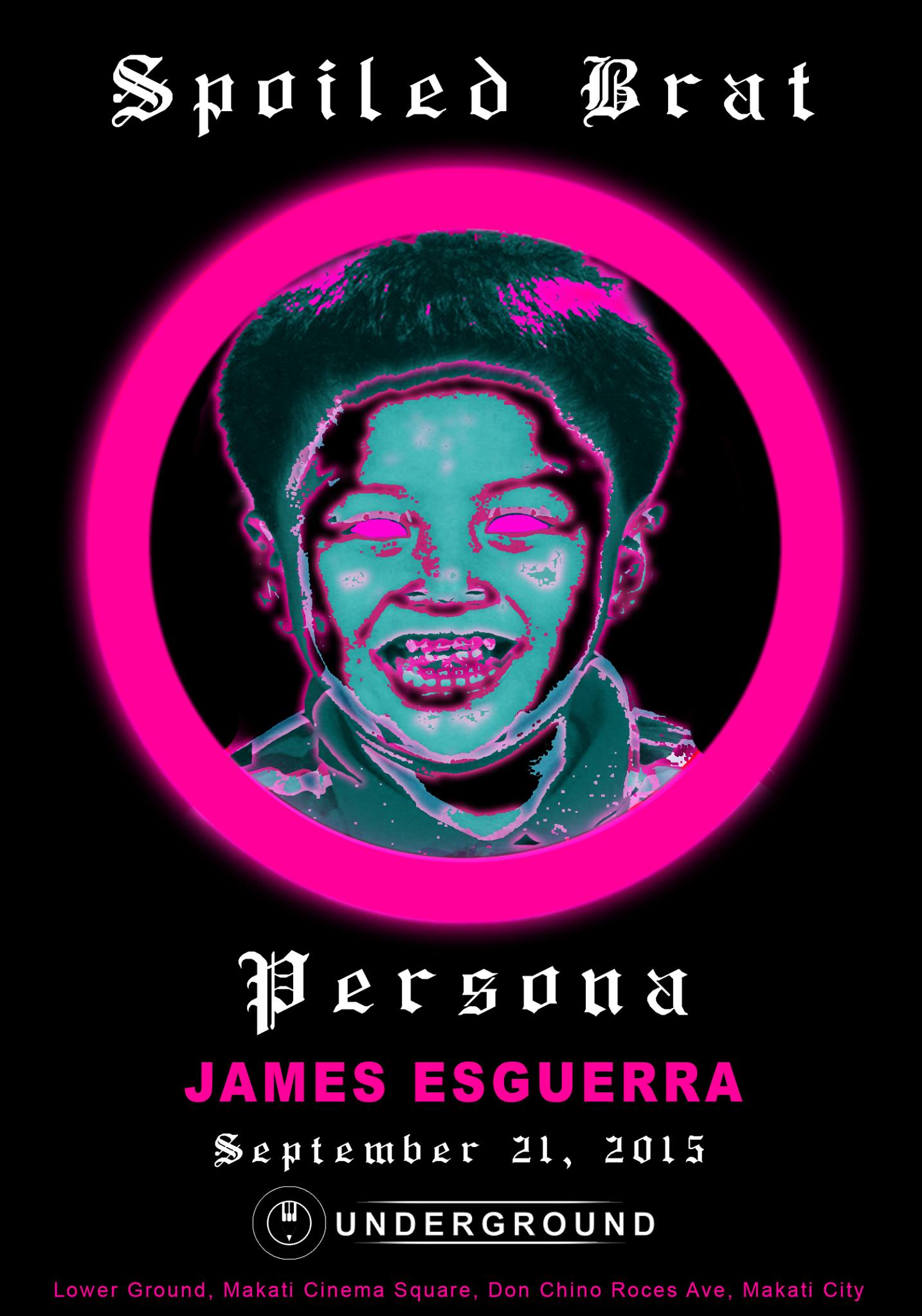 Spoiled Brat Persona - James Esguerra Monday, September 21 at 6:00pm · 90°F / 76°F Thunderstorm Show Map Underground Lower Ground & 2nd Level, Makati Square, 2130 Don Chino Roces Ave, Pio Del Pilar, Makati, National Capital Region 1231, 1223 Makati, Philippines Spoiled Brat Persona James Esguerra is an artist that creates pieces that questions uniformity, an artist that embraces the freedom of art, and celebrates its potential of retrogression and eccentricity. Spoiled Brat Persona recklessly delivers the faces of distasteful human behaviors that reeks in modern day society. Personalities in our present day sprouts crowds of wannabe demigods, self-proclaimed “Einsteins”, and babies pretending to have been born with silver spoons in their mouths, are some of the conceptual inspiration for this exhibition. Unpleasant traits that would be put in a bad light in the olden days, are now undeniably a trend, a bad, untouchable trend, making this a very interesting theme that Esguerra has pursued. A showcase of self-obsession, avaricious characters, and untamed autocratic traits, will be laid out in a grim, yet comical manner, a method where he is at always at ease. To tackle such theme for most artists, there is an ulterior motive for mankind’s refinement, a supposed eye-opener, a call for change per se, but for Esguerra, it simply is for the sake of having a subject to do what he loves to do, which is to shock, offend and make people laugh all at the same time through his paintings. To better understand his point, envision a revolution that aims for no change, a nonchalant abuse of fallacies without seeking to correct its audiences, a relentless assault and mockery of the fabricated reality created by man while being so carefree, disregarding the opinions of society. In this show, expect an ocular symphony of warm neon and pastel colors paired with grotesque and goofy-looking characters, catastrophic elements, and mundane symbol