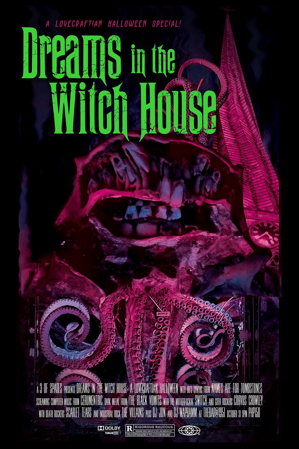 Dreams in the Witch House: A Lovecraftian Halloween Party Saturday, October 31 at 8:00pm - 4:00am Oct 31 at 8:00pm to Nov 1 at 4:00am Show Map Thebar@1951 1951 M. Adriatico Street Malate, 1300 Manila, Philippines Invited by Erick Antonio Fabian Sr. A (sort-of) tribute to Cthulhu and H.P. lovecraft Thinking of where to spend your Halloween? Come to the Witch House (Bar@1951) at Adriatico on Oct. 31! A relaxed, stress-free environment for a wholesome Halloween celebration! Good Food, Good Dark Music and Good Goth company! What To Do There? 1. Dance to the beats of the Dead! 2. Head Bang to Cimmerian Noises! 3. Talk about Cthulhu and other things that creep in the night (Socialize) through mind control and telepathy 4. Eat, Drink & Laugh! 5. Network! Think about Creative Collaborations for future events! These bands (Friends) will serenade us: 1. names are for tombstones 2. SWITCH 3. Scarlet Tears 4. CERUMENTRIC 5. The Black Vomits 6. The Villains 7. Corvus Crowley PLUS DJ Wapbamm : Mindmovie and DJ Jon (Aurora Borealis) WITH A VERY SPECIAL SECRET SOMETHING!!! +++!!! - NAFT CDs for giveaway! (until supply lasts) A. Only Php 150 with 1 Beer already! B. Halloween gear (dressing up) is encouraged! :D C. We promptly start at 9 pm! Supported by SUBKULTURE (USA) ----- Artwork Credits: Rod Rejante All Hallows Eve October 31 2015 at Thebar@1951 Adriatico St. Malate. Artists performing: 1. names are for tombstones 2. SWITCH 3. Scarlet Tears 4. CERUMENTRIC 5. The Black Vomits 6. Corvus Crowley 7. The Villains Also DJ Wapbamm : Mindmovie and DJ Jon (Aurora Borealis) WITH A VERY SPECIAL SECRET SOMETHING!!! NAFT CDs to be given away! (til supplies last) PhP 150 with 1 Beer! Dress to Distress We promptly start at 9 pm!