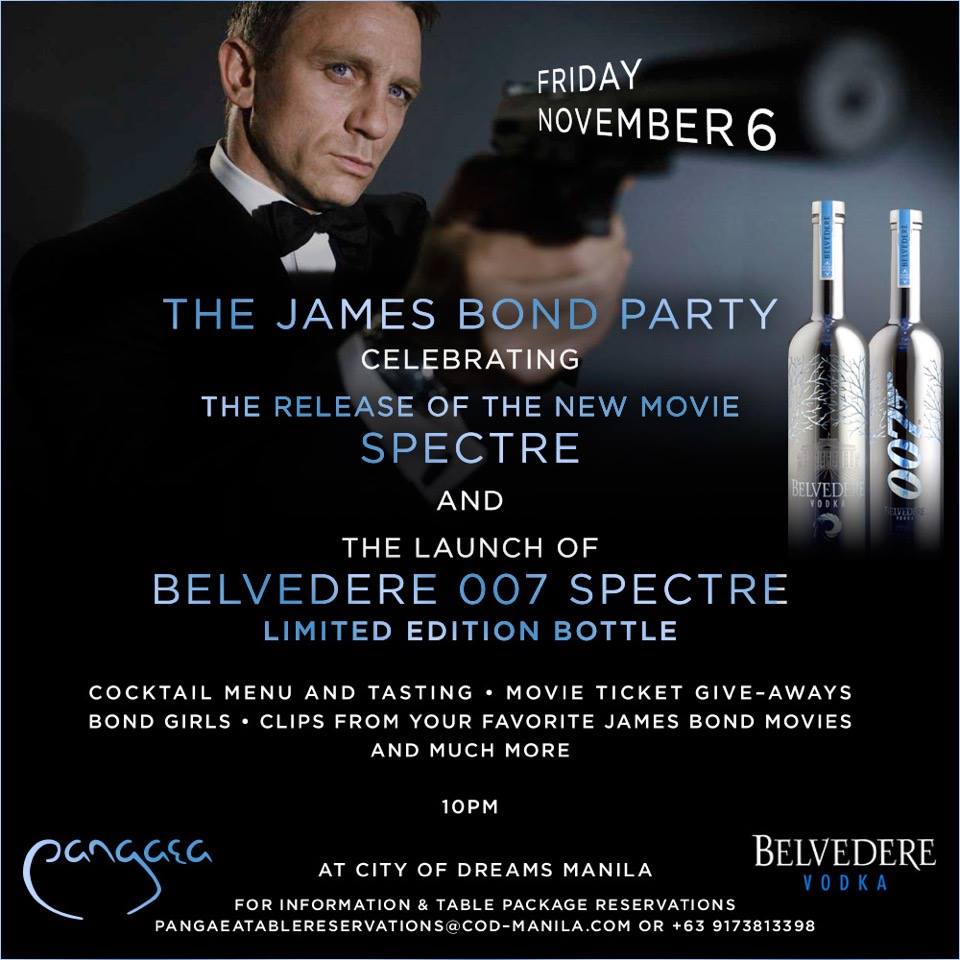Pangaea Manila Celebrating the Spectre movie release and proud to bring to our Belvedere and Bond fans-alike, the Limited Edition #SPECTRE Bottle Collection from Belvedere Vodka! Join us as we party on November 6th (Friday)--with our first themed party inspired by James Bond with movie ticket giveaways and many surprises! For guestlist & VIP reservations contact +639173813398 or PangaeaTableReservations@cod-manila.com #pangaeamanila #pangaeaultralounge #belvederevodka #belvedereph