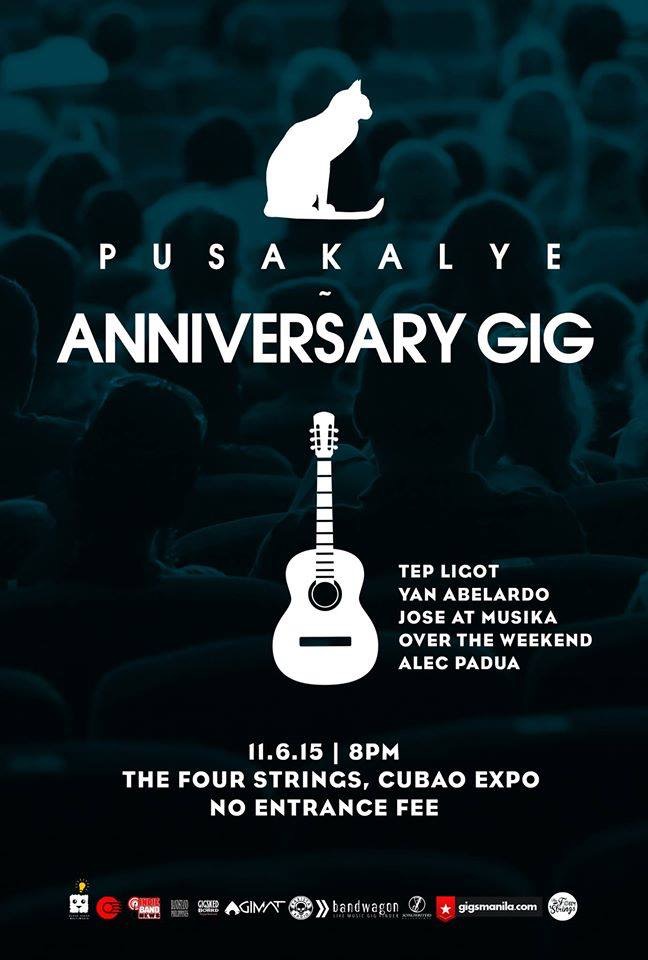 PusaKalye Anniversary Gig Friday, November 6 at 9:00pm Starts in about 12 hours · 88°F Scattered Clouds Show Map The Four Strings 59A Cubao Expo, Gen. Romulo Ave., 1109 Cubao, Quezon City, Philippines Yun oh! Join us this coming Friday, November 6, 2015 as we celebrate our 1st Anniversary at The Four Strings, Cubao Expo Cubao, Quezon City. Masaya to pramis!! Poster (c) Block Sheep Multimedia Special thanks to Ukulele Manila and Outside #PusaKalye #tinigmo #anniversary