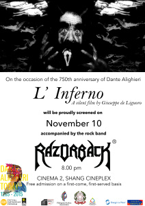 Silent Film Screening: L’Inferno 1911 w/live performance of rock band RAZORBACK Tuesday, November 10 at 8:00pm Show Map Shang Cineplex Milaxsa Mandaluyong, Philippines Hosted by Società Dante Alighieri Manila L' Inferno: 1911 Italian silent film screening accompanied by the live musical performance of rock band RAZORBACK Organized by The Philippine Italian Association for Dante Alighieri Today! Free Admission (On a first-come, first-served basis)