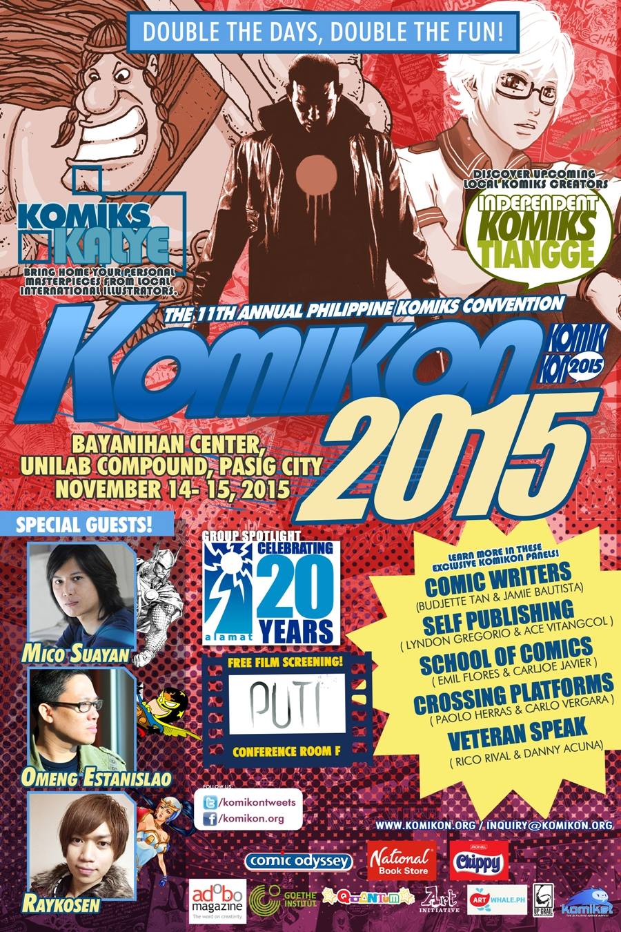 Komikon 2015 (Official Event Page) November 14 - November 15 Nov 14 at 10:00am to Nov 15 at 7:00pm Show Map Bayanihan Center - Unilab Pioneer Avenue, 1501 Pasig, Philippines Find Tickets Tickets Available www.komikon.org Komikon 2015 November 14-15, 2015 Bayanihan Center Unilab Compound, Pasig City Save the date! For Exhibitor/Sponsor Registration - https://goo.gl/gLTYTA For Indie Tiangge Registration - https://goo.gl/nD66Th For Attendees, 2-Day Ticket Registration - https://goo.gl/aVEy1m For Media Registration - https://goo.gl/gjgt87 Regular Ticket Price: Php 100 / day Contests: The Last Draw by Gunship Revolution - www.gunshiprevolution.com/thelastdraw More details to be posted soon. ----- Get ready for the biggest Komikon event ever with two-days of komiks fun and lots of freebies! Whatever you want, we have it. Make sure to bring lots of cash! #komikon2015