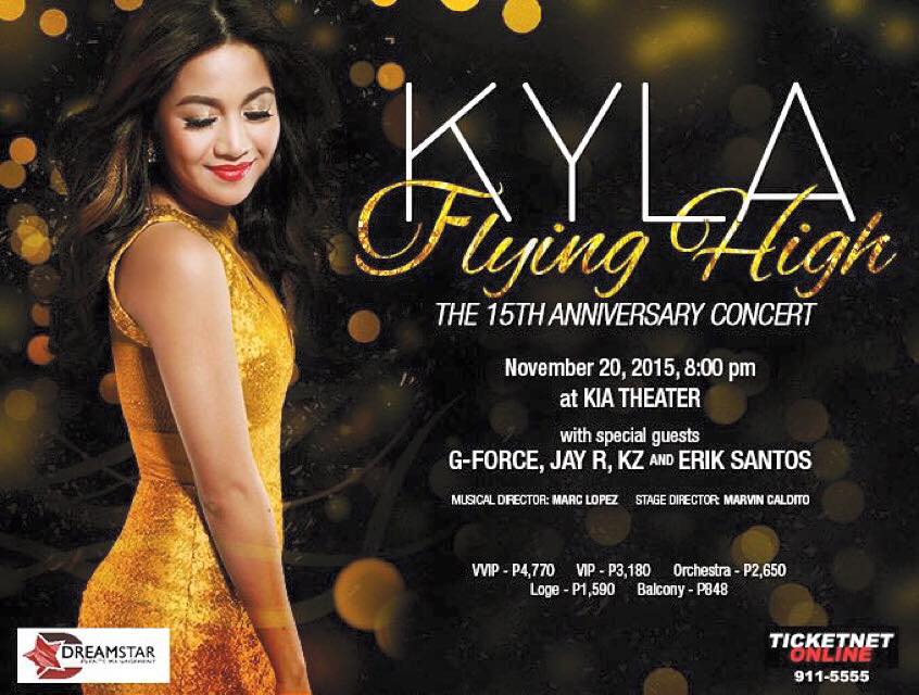 Kyla #KYLAFLYINGHIGH Concert Promo Facebook Mechanics: - Snap a selfie with your collection of Kyla's albums - Share the picture to your wall with the tag #KylaFlyingHigh and let us know what's your all time favorite Kyla song Closing date for entries is on Nov 13. We will pick 2 lucky winners to get... Grand Winner: 1 VIP ticket Runner-up: 1 balcony ticket This promo is brought to you by KYLAONLINERS Watch #KYLAFlyingHigh the 15th Anniversary Concert on Nov. 20 at the KIA Theatre. For ticket inquiries, log on to www.ticketnet.com.ph or contact Tel. No. 911-5555.