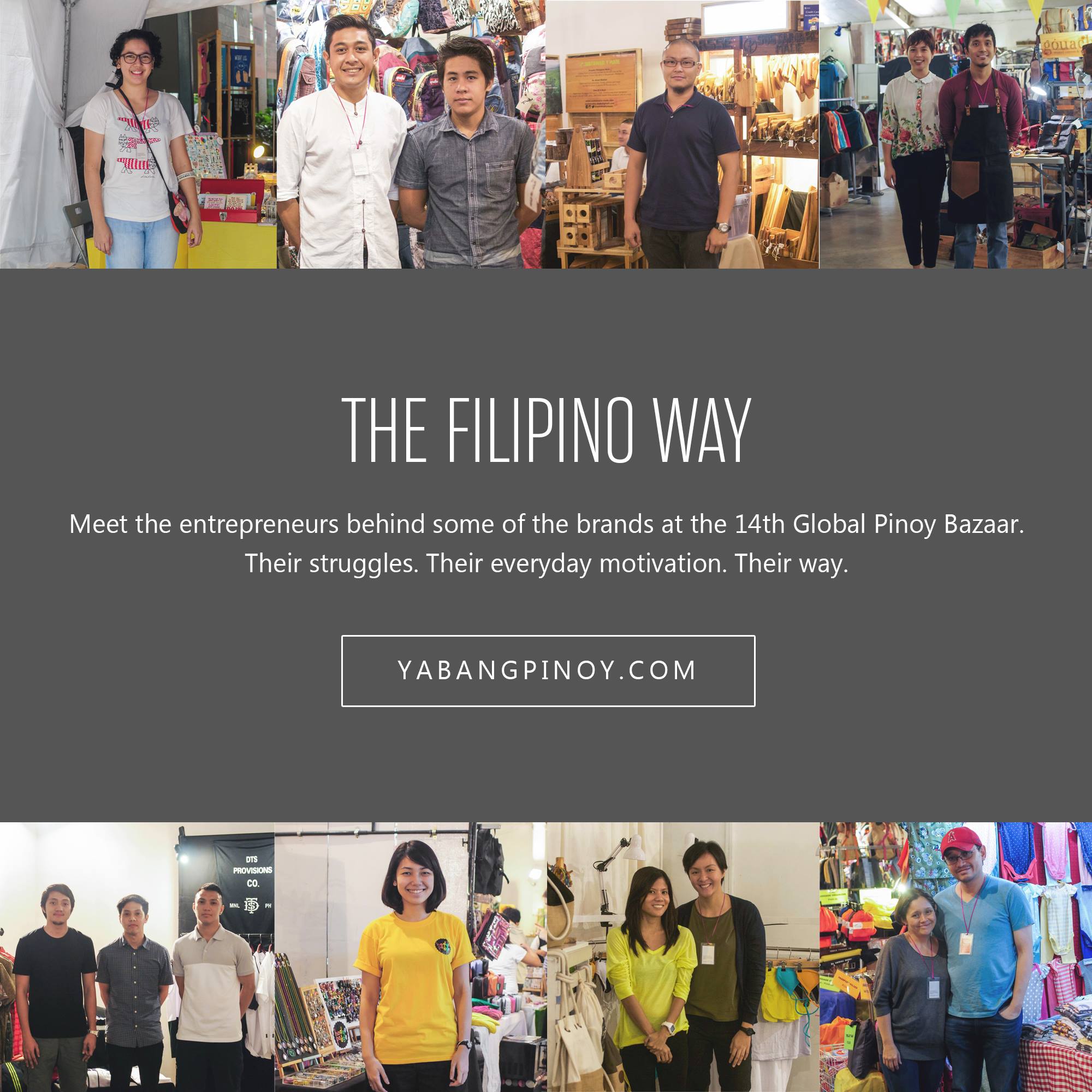 Yabang Pinoy Know the way of the artists, designers, craftsmen, makers, specialists, pioneers and innovators of the upcoming 14th Global Pinoy Bazaar. bit.ly/14thGPB — with Bhima Garcia Ferreros and Yadu Salvacion.