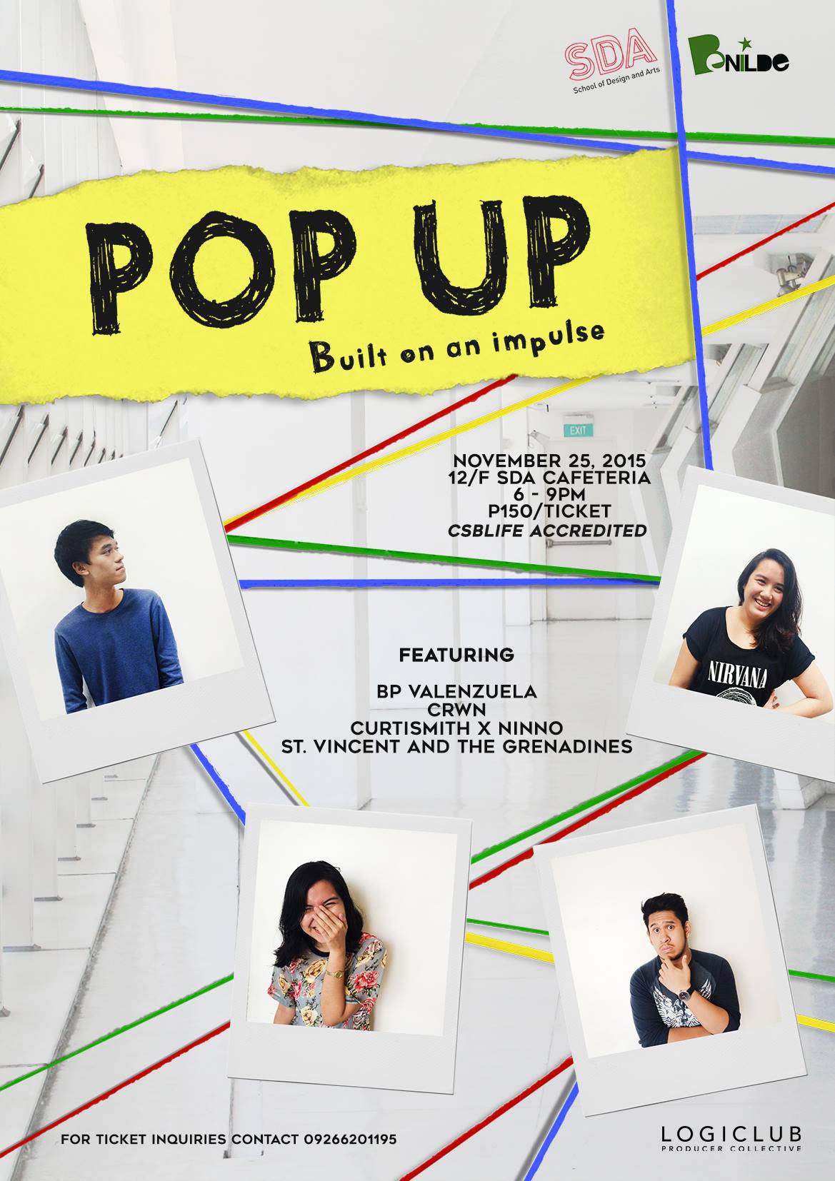 The Pop-Up Wednesday, November 25 at 6:00pm Tomorrow · 91°F / 74°F Partly Cloudy pin Show Map De La Salle - College Of St. Benilde SDA Campus Manila, Philippines ticket Find Tickets Tickets Available www.fb.com At 6 PM on November 25th at the 12/F SDA Caferteria, the De La Salle College of St. Benilde Arts Management Programs brings you the first ever Pop-Up with interactive art and music by some of Manila's sought after musicians under the LOGICLUB Producer Collective. Music By: BP Valenzuela CRWN NINNO St. Vincent and the Grenadines Doesn't matter who you are, where you're from, or what you did. Everyone is welcome to partake in The POP-UP only 150php for a ticket. Feel Free to Call or Text 09266201195 for inquiries and additional information.