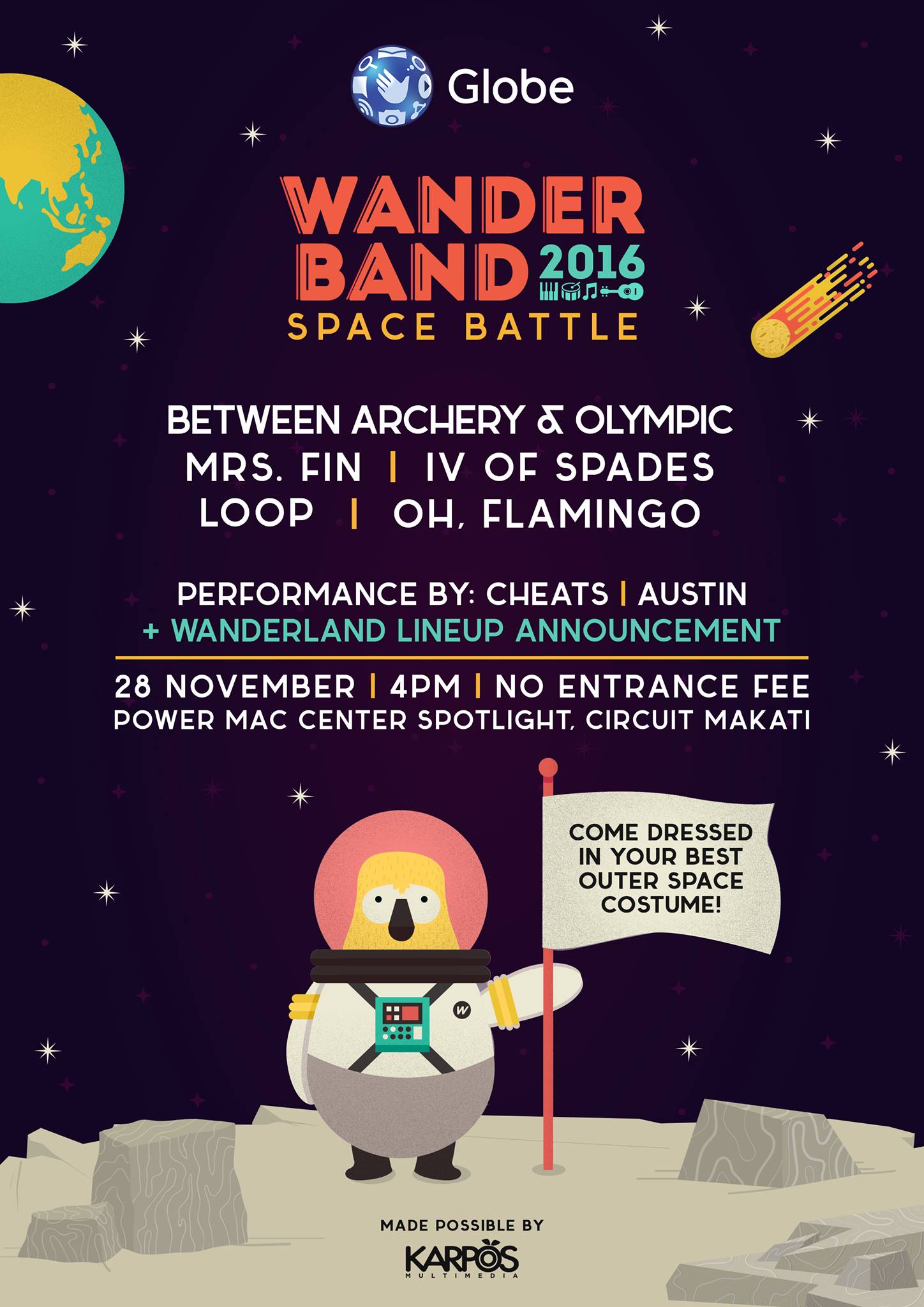 WANDERBAND: SPACE BATTLE clock Saturday, November 28 at 4:00pm 2 days from now · 90°F / 76°F Partly Cloudy pin Show Map Power Mac Center Spotlight Circuit, Makati, Philippines
