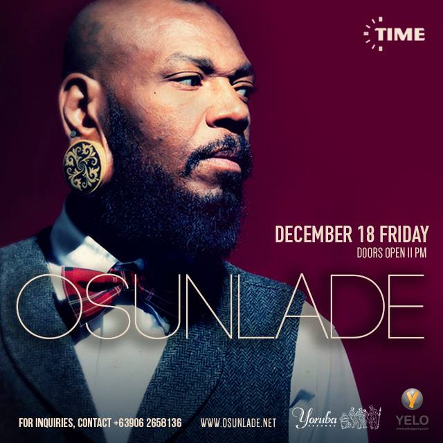 OSUNLADE at TIME in Manila clock Friday, December 18 Dec 18 at 10:00pm to Dec 19 at 10:00am pin Show Map TIME in Manila 7840 Makati Avenue, 1200 Makati, Philippines Osúnlade - Yoruba Records Friday 18th December at TIME in Manila with Kristian Hernandez and your TIME KEEPERS..... Alinep, Emel Rowe, Martin Lugtu & Pav Parrotte ====================================================== Osunlade is an artist who personifies art. His music as well as his being creates unified melodies manifested with balance, life and wisdom. Osunlade hails from St. Louis, Missouri; a place known for pioneering jazz and blues through innovative artists like Miles Davis. At age seven Osunlade discovered the piano and the vision of his life’s destiny was born. By the age of twelve he found an interest in creating songs of his own. He later formed local bands, taught himself several instruments and studied further the development of his craft. His professional journey began in 1988, at age seventeen during a visit to Hollywood. He quickly caught the ear of choreographer/performer Toni “Mickey” Basil. Offering him a role in the development of musical pieces for several projects including the children’s television series Sesame Street. With her encouragement he quickly moved to Los Angeles and began what would become a long history of music production. A few years later he would produce the very first album for the then independent Interscope Records. The artist was Gerardo, a long time friend and aspiring actor/dancer. “Rico Suave” one of the very first Latin pop songs and novelty catch phrases to date was born. Now with a multi-platinum album and four gold singles to his name, it wasn’t long before he was afforded many opportunities to master his craft. Within the next ten years and over twenty albums credited, Osunlade felt the pressures and practices of the music business overshadowed his passion of music. He deciding to no longer work u