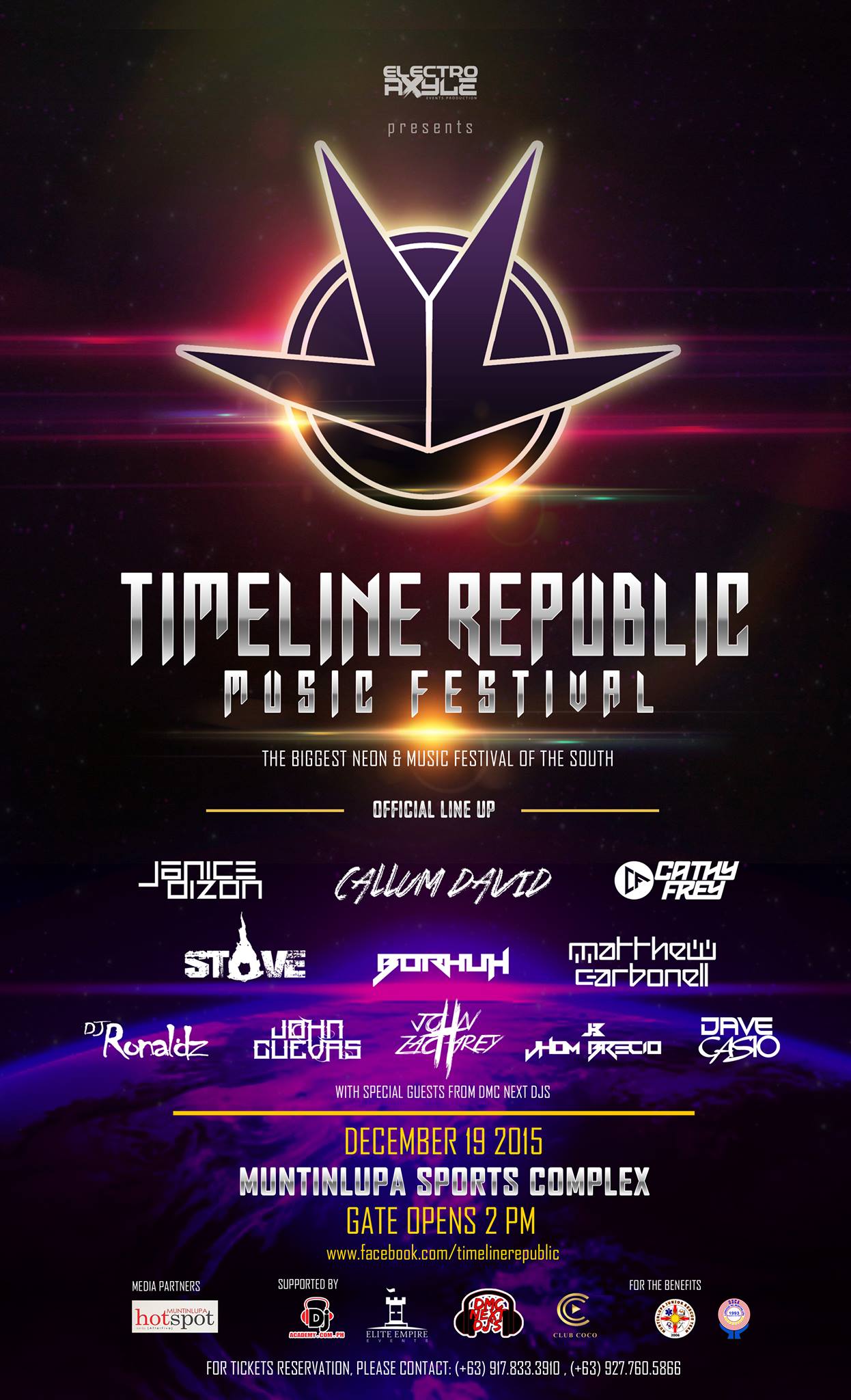 Timeline Republic Music Festival - 2015 clock Saturday, December 19 at 4:00pm pin Show Map Muntinlupa Sports Complex Tunasan,, 1772 Muntinlupa City Like our page for more details! www.facebook.com/TimelineRepublic