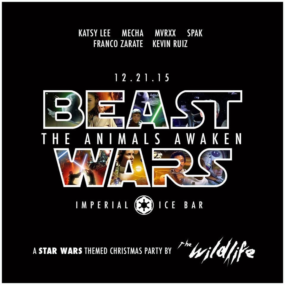 The Wildlife Presents: Beast Wars - The Animals Awaken clock Monday, December 21 at 10 PM Starts in about 10 hours · 85°F Scattered Clouds pin Show Map Imperial ICE BAR 5th avenue 26th street, 1633 Taguig, Philippines envelope Invited by Mark Mendoza This Monday, The Wildlife will be throwing a holiday party like none other you've seen before. Whether you're celebrating Christmas or Star Wars, this rave is open to everyones personal trip! We've got Katsy Lee, MECHA, MVRXX, Spak, Franco Zarate and Kevin Ruiz on decks bombing the Imperial homebase with Lazerbass, Troopertrap, Sithstep and everything in between. Don't forget to bring your lightsabers. Free entrance // Free Shots for those that come in costume #starwars #beastwars #thewildlifeph #animalsawaken #freshmeat #imperialicebar #theforceawakens