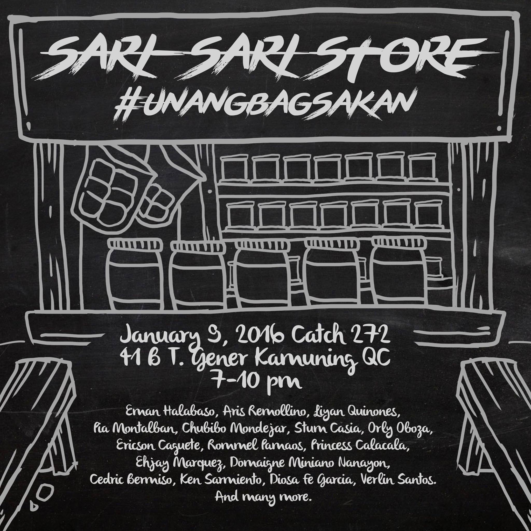 Sari-Sari Store #UnangBagsakan clock Saturday, January 9, 2016 at 7 PM - 10 PM 2 days from now · 89°F / 71°F Clear pin Show Map Catch272 is Boho 41-B T. Gener, Kamuning, 1103 Quezon City, Philippines envelope Invited by Chubibo Mondejar