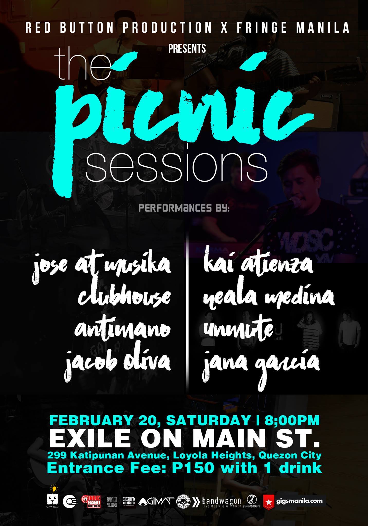 The Picnic Sessions clock February 20 - February 21 Feb 20 at 7 AM to Feb 21 at 1 AM pin Show Map Exile on Main St. Katipunan Avenue, Loyola Heights, Quezon City, Philippines Red Button Production x FringeMNL presents: "The Picnic Sessions February 20, Saturday | 8;00PM Exile On Main St. 299 Katipunan Avenue, Loyola Heights, Quezon City Entrance Fee: P150 with 1 drink performances by: Jose at Musika Clubhouse Antimano Jacob Oliva Kai Atienza Neala Medina Unmute Jana Garcia Event Link: https://www.facebook.com/events/917371608370255/