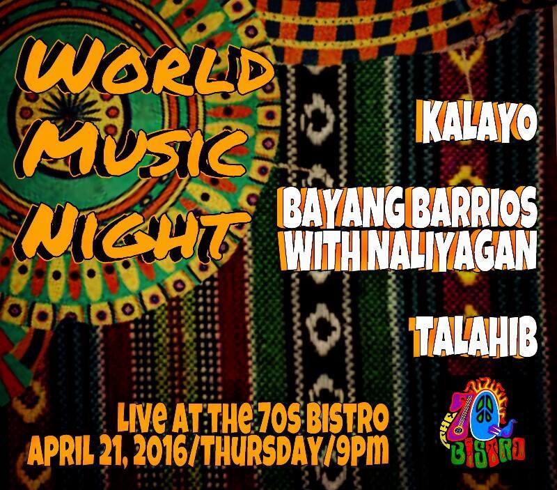 World Music Night at the 70's Bistro clock Thursday at 9 PM 3 days from now · 77–97° Partly Cloudy pin Show Map The 70's Bistro 46 Anonas Street, Project 2, 1102 Quezon City, Philippines About Discussion Write Post Add Photo / Video Create Poll Details World Music Night at the 70's Bistro Featuring the performances of: Talahib People's Music Bayang Barrios with Naliyagan Kalayo