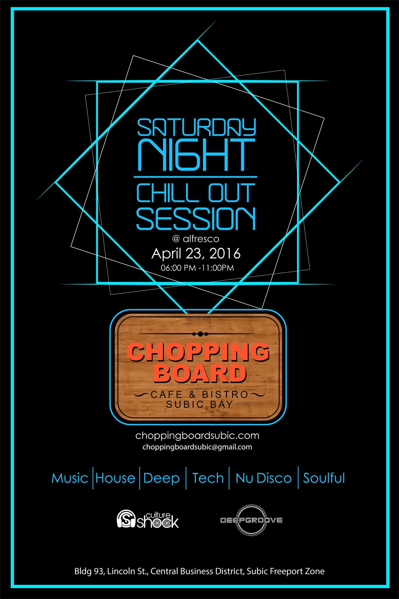 Kyle Garon April 20 · Culture Shock and Deep Groove Collective is all about bringing people closer to the Music. Giving up and coming talent a platform and throwing unique events where fans and artists can party together. We've prepared something special for the month of May. Check out Chopping Board SBFZ for Chill out Saturday at the alfresco area. smile emoticon #playmoreHOUSE #GrooveCulture ----- Kyle Garon 17 hrs · Allowed on Timeline Happy to have my new playground for House Music. Hope to see some familiar faces tomorrow inside SBMA. Good Music has no expiration date. #playmoreHOUSE #letsgodeep smile emoticon