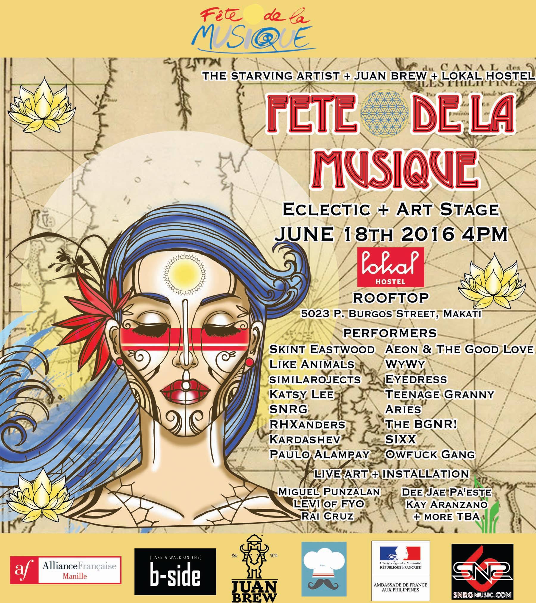 Fete De La Musique Eclectic + Art Stage 2016 clock Saturday, June 18 at 4 PM 2 days ago pin Show Map Lokal Hostel 5023 P. Burgos Street, Brgy. Poblacion, 1210 Makati, Philippines About Discussion Write Post Add Photo / Video Create Poll Details FETE DE LA MUSIQUE 2016 ---------------------------------------------------------- ECLECTIC + ART STAGE at Lokal Hostel ROOFTOP brought to you by The Starving Artist + Juan Brew + Lokal Hostel We Are Back for another year of Fete De La Musique on the Lokal Rooftop With some of Manila's most eclectic and creative musicians paired with visuals and Live Art, Local food and some hand made goods. :::::::::::::::::::::::::::::::::::::::::::::::::::::::::::::::::::::: PERFORMERS: Eyedress Like Animals SNRG Skint Eastwood Aeon and the Good Love similarobjects WYWY Kardashev Teenage Granny Aries PJ Paradise (WeRWolvz) Paulo Alampay The BGNR! RHXANDERS Katsy Lee SIXX Owfuck Gang and more TBA Live Art and Installations: Levi of FYO Miguel Punzalan Rai Cruz Dee Jae Pa'este Sherlaine Yap Kay Aranzanso Beer and Beverages by the good folks of JUAN BREW FOOD by Tacos Chingones Flippin Cow Hand Crafted Goods By: Beweave it Or Knot & Friends :::::::::::::::::::::::::::::::::::::::::::::::::::::::::::::::::::::: #StarvingArtistPh #LokalRooftop #LokalHostel #Fete2016 ----- Dee Jae Paeste‎Fete De La Musique Eclectic + Art Stage 2016 Follow · June 7 · Fete De La Musique 2016 ECLECTIC + ART STAGE at Lokal Hostel ROOFTOP brought to you by The Starving Artist + Juan Brew + Lokal Hostel We Are Back for another year of Fete De La Musique on the Lokal Rooftop With some of Manila's most eclectic and creative musicians paired with visuals and Live Art, Local food and some hand made goods. Come through and Support the local scene and enjoy all the good energy and vibes!