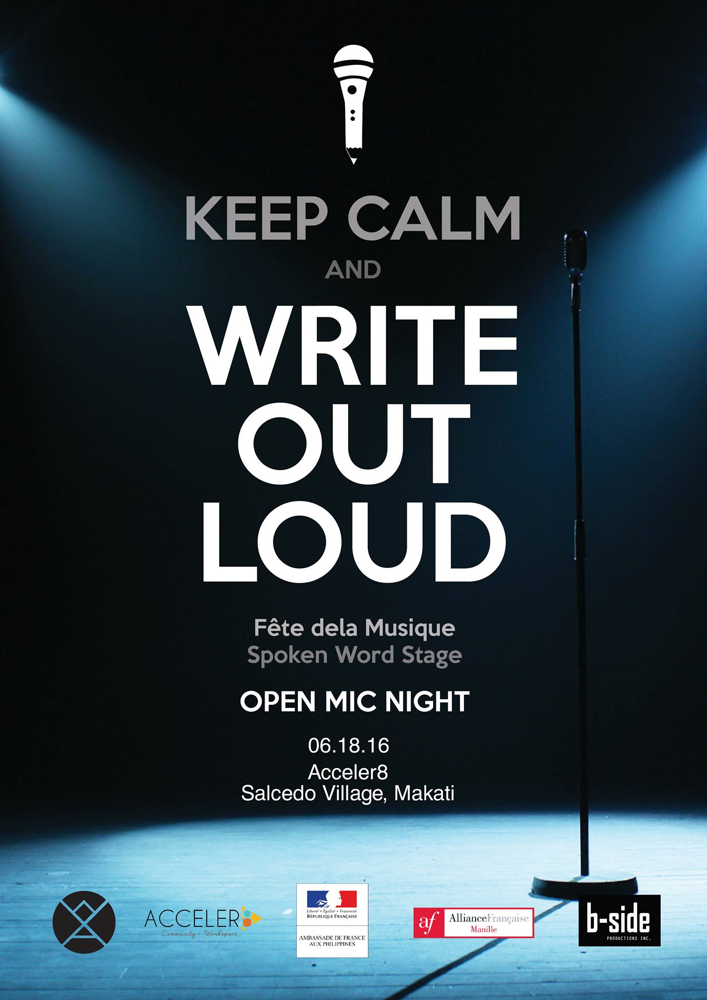 WRITE OUT LOUD! (Féte dela Musique: Spoken Word Stage) clock Today at 7 PM - 12 AM Jun 18 at 7 PM to Jun 19 at 12 AM pin Show Map Acceler8 Coworking FINMAN BUILDING, LEVEL 7-1, 131 TORDESILLAS ST., COR. BAUTISTA ST.,, 1227 Makati, Philippines About Discussion Write Post Add Photo / Video Create Poll Write something... Details May nagbabalik! ♥ ♥ ♥ We're hosting the Spoken Word stage for Feté dela Musique. Some members of Words Anonymous will be performing along with some musical guests. This is also a poetry and open mic night so get your pieces ready, the stage is yours! 18 June 2016 | 7pm - 12am | Acceler8 Event Space, Salcedo Village, Makati Admission is free! Poster by Henri Igna