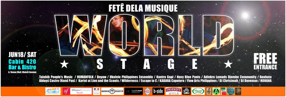 Fete Dela Musique - World Stage clock June 18 – June 19 Jun 18 at 7 PM to Jun 19 at 2 PM pin Show Map Cabin 420 Bar & Bistro A. Venue Mall, Makati, Philippines envelope Invited by Jaime Hernandez About Discussion Write Post Add Photo / Video Create Poll Details We see a night of good vibrations in your stars! It's that time of the year again! Let the rhythms and tunes of Fête dela Musique World Music Stage renew your mind, body, and soul. Some of the brightest talents will converge on this serendipitous night. Come and join us, we're feeling lucky!
