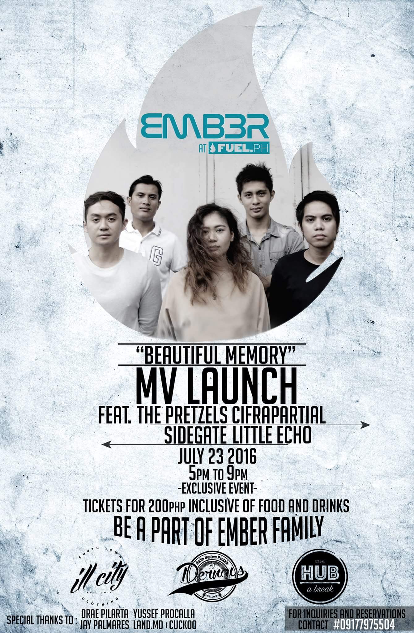 Beautiful Memory Music Video Launch Hosted by Ember July 23 2016, Saturday at 5 PM - 9 PM 3 days from now · 77–86° Heavy Thunderstorm pin Show Map Fuel.ph Benigno Aquino Ave Service Rd, 5000 Iloilo City, Philippines Be with us as we launch the music video for our original track "Beautiful Memory" on July 23rd, 2016. Come and be a part of #emberph family. -glad you found us Side Gate Like This Page · 12 hrs · Edited · (It's a beautiful memory! Woooohoooo!) Guess who's launching their Music Video on the 23rd of this month, Saturday from 5pm to 9pm @ Fuel.ph!? Got that right! Side Gate's sister band EMBER will be launching their "Beautiful Memory" Music Video. BE PART OF THE EMBER FAMILY! (This is an exclusive event so get your tickets now!) 😎 Side Gate will also be playing and is on 100% support for EMBER together with Little Echo, Cifrapartial and The Pretzels. ☺️ #EmberMVlaunch #Emberph #BeautifulMemory #KwentongSideGate - SIDE GATE 😎