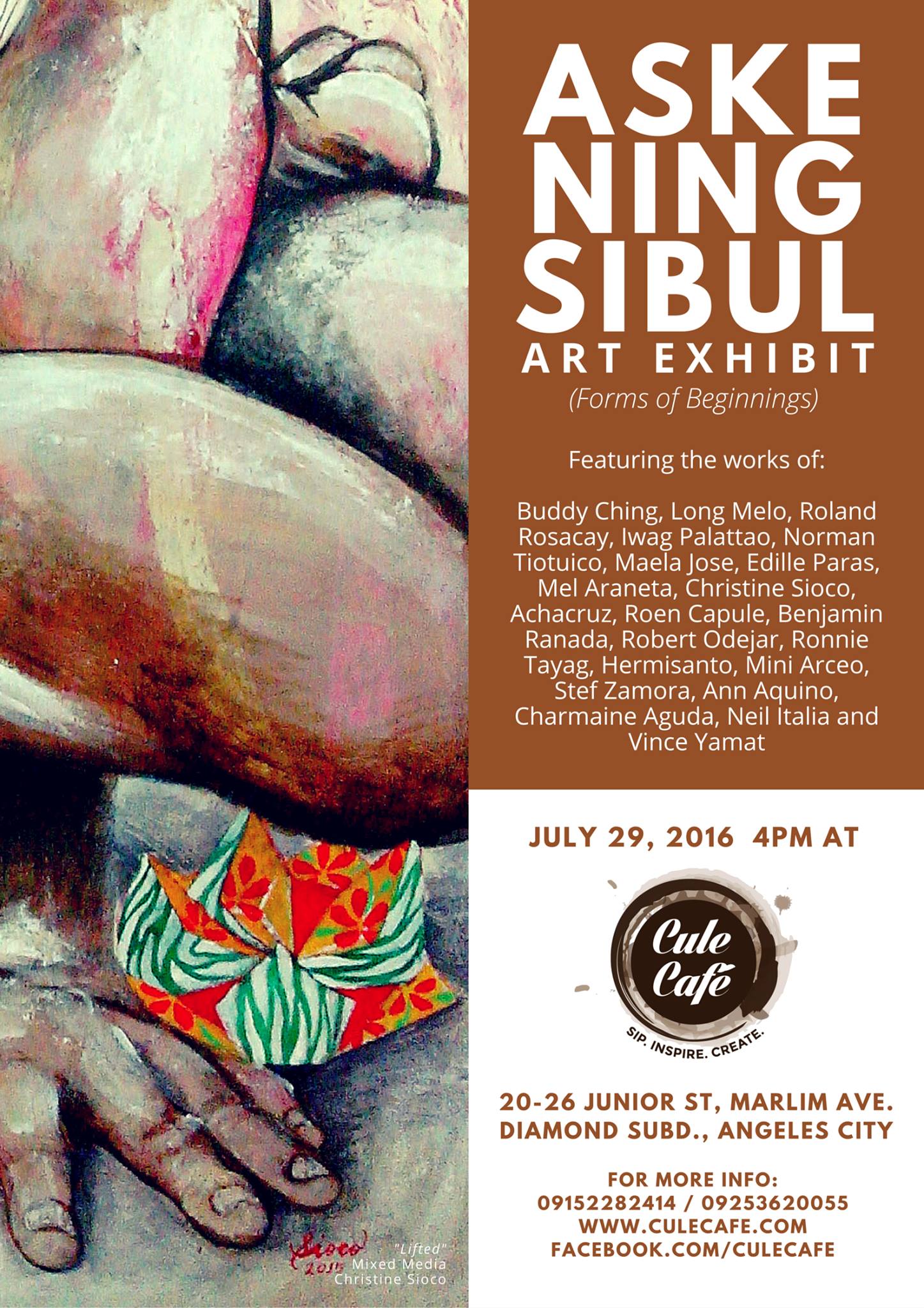 Cule Cafe Page Liked · July 11 · Save the date! Aske Ning Sibul Art Exhibition at Cule Cafe July 29, 2016 - 4 PM — with Mel Araneta, Cristy Smile, Angelo Melo and 47 others.