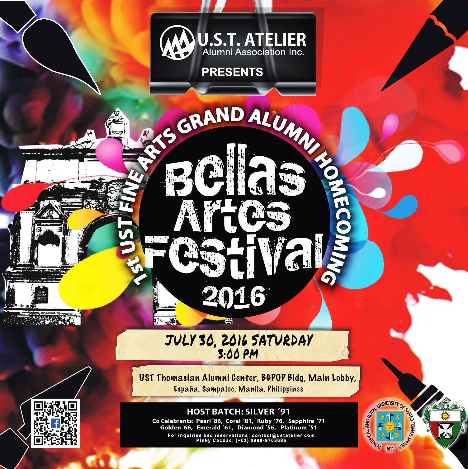 Bellas Artes Festival 2016 Hosted by UST Atelier Alumni Association clock Saturday, July 30 at 3 PM - 10 PM pin UST Thomasian Alumni Center, BGPOP Bldg, Main Lobby, UST España, Manila ticket Find Tickets Tickets Available ustatelier.com About Discussion Write Post Add Photo / Video Create Poll Details 1st UST Fine Arts Grand Alumni Homecoming Time: 3pm - 10pm Fees: 1) Alumni: P1,500/person (Dinner/Alumni Fee & Raffle) 2) Guest of Alumni : P500 (Dinner) For inquiries text or visit: Pinky Cacdac: 0999-9708686 Rhea Adonis: 0998-4227203 www.ustatelier.com https://www.facebook.com/groups/ustaaa/ ---- Bellas Artes Festival 2016 clock Saturday, July 30 at 3 PM - 8 PM pin Alumni Building, University of Santo Tomas, Espana, Manila ticket Find Tickets Tickets Available ustatelier.com About Discussion Write Post Add Photo / Video Create Poll Write something... Details 1st UST Fine Arts Grand Alumni Homecoming For more info, visit: www.ustatelier.com