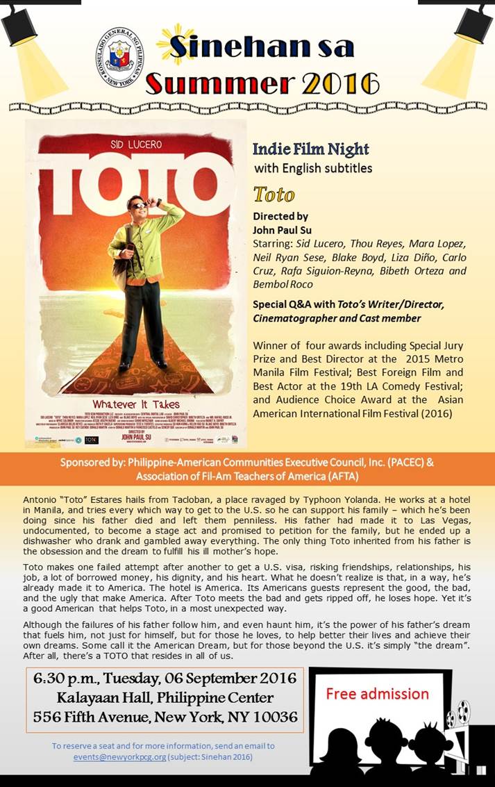 Christopher Fallarme 4 hrs · TONIGHT IS 'TOTO' NIGHT AT THE KALAYAAN HALL, PHILIPPINE CENTER NEW YORK - THE FREE SCREENING OF A FINE COMEDY INDIE FILM BY DIRECTOR JOHN PAUL SU ... SEPT. 6, TUESDAY, AT 6 P.M. ...