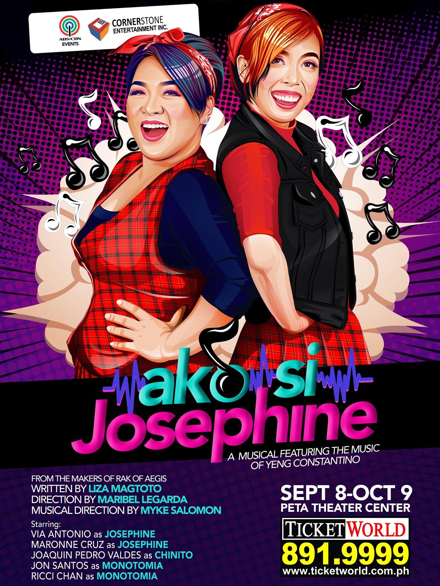 Cornerstone Entertainment Inc. Page Liked · August 31 · Edited · Can you live in a world where love songs are FORBIDDEN? Ladies and gents, Karaoke-loving Filipinos of the world! Here comes a musical that'll make you feel all the love song feels! AKO SI JOSEPHINE, a musical featuring the songs of Yeng Constantino! Produced by ABS CBN and Cornerstone, with the same illustrious talents who brought you RAK OF AEGIS, you can definitely count on romance and comedy and impeccable singing from start to end. Ako Si Josephine will run from Sept 8 to Oct 9 at the PETA Theater! Book your tickets now via Ticketworld or visit: Ako Si Josephine page for more info. On the poster: "Josephine" Via Antonio & Maronne Cruz — with Pauline Gatdula.