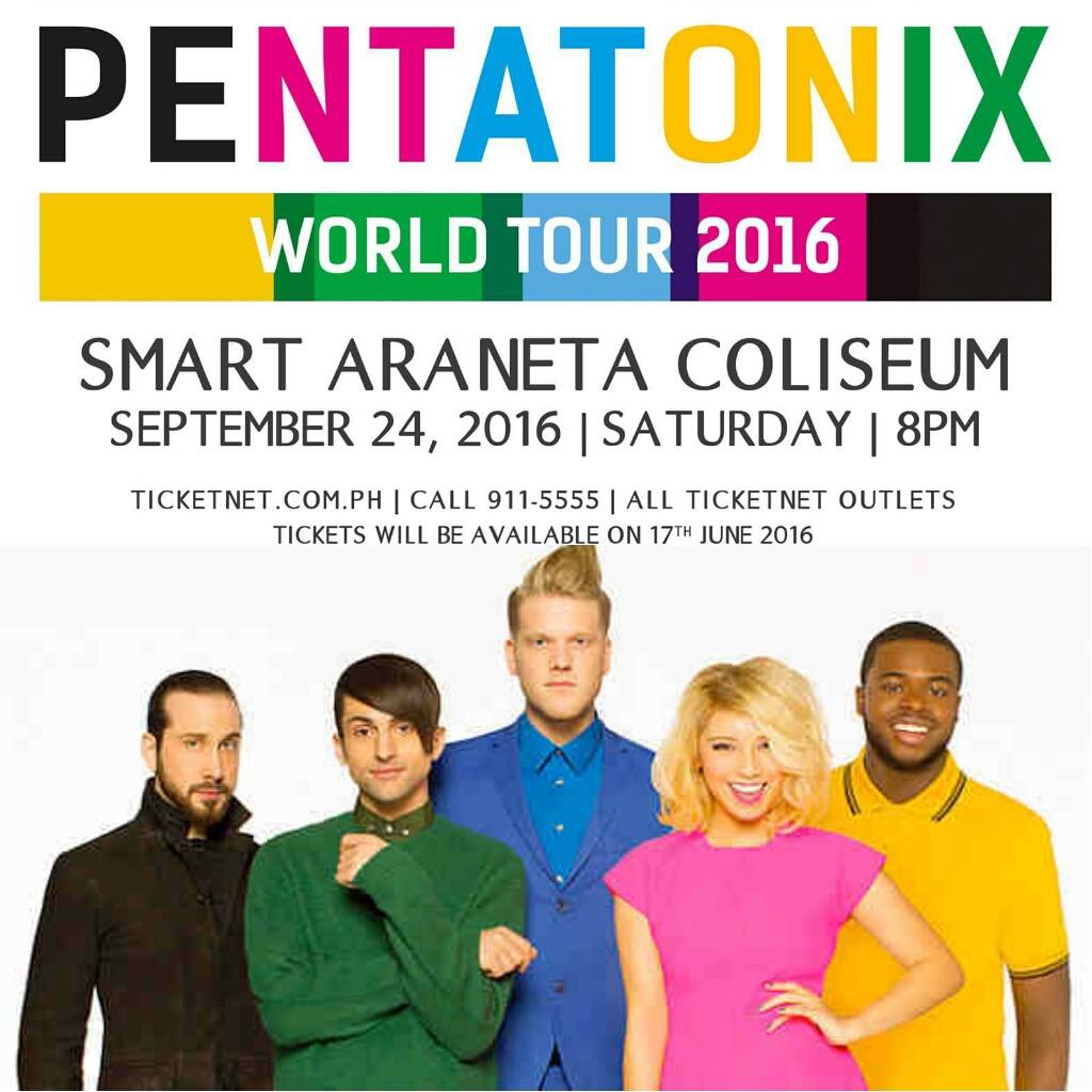 Philippine Concerts Like This Page · June 10 · Edited · Pentatonix live in Manila Sep. 24 at Araneta Coliseum Ticket Prices: 8000-VIP 6000-PATRON A 5000-PATRON B 3500-BOX 1750-UB 800 -GA http://www.philippineconcerts.com/foreign/pentatonix-live-in-manila-2016/