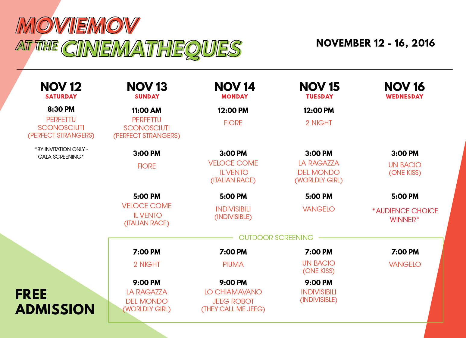 Cinematheque‎Moviemov: Italian Film Festival 2016 Follow · November 8 · Ciao! To those who missed the screening schedules for the #ItalianCinemaNow, here it is again! See you at the Cinematheque Centre Manila! :) — at Cinematheque Centre Manila.