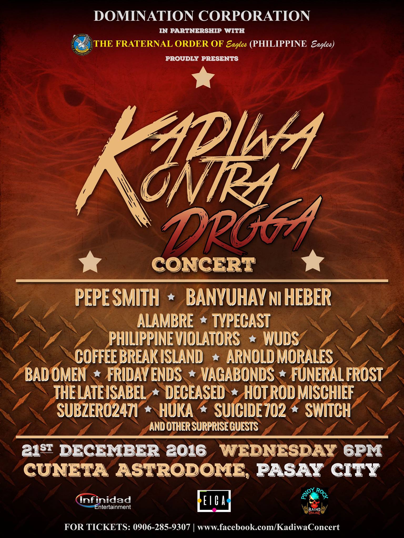 Kadiwa Kontra Droga Concert clock Tomorrow at 4 PM - 11 PM Tomorrow · 24–31° Partly Cloudy pin Show Map Cuneta Astrodome Roxas Boulevard, 1300 Pasay City, Philippines About Discussion Write Post Add Photo / Video Create Poll Details Solidarity in music! A multi-genre concert event uniting best of the best OPM artists. From underground punk, ska, blues, rock and roll up to the mainstream. ----- Kadiwa Kontra Droga Concert Series December 6 at 11:17pm · Tickets are now available for only P200! How to buy tickets? See poster for details or you may visit our official page and send us a message. #KadiwaKontraDrogaConcert #KadiwaConcert #PinoyUnderground #OPMRock