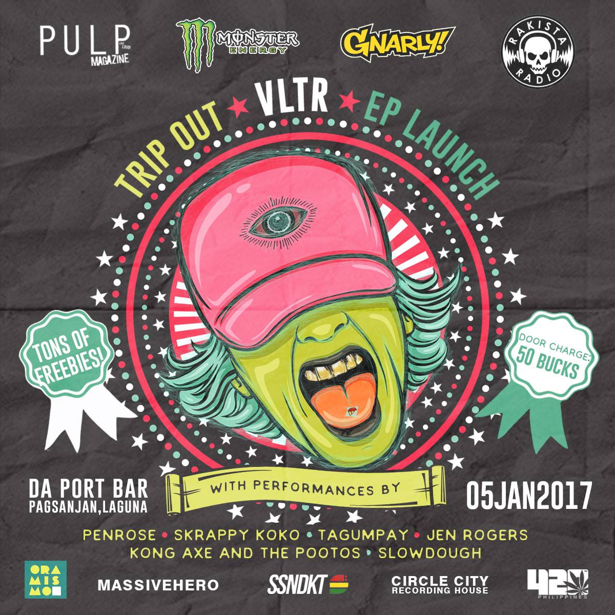 VLTR Page Liked · December 14 · VLTR - TRIP OUT EP LAUNCH | JANUARY 05, 2017 | DA PORT Just under 3 weeks away! Tickets available from the link below! powered by: PULP Magazine , Monster Energy , Gnarly! & Rakista Radio special thanks to: Ssndkt Production , Oramismo Productions, 420Philippines, Circle City Records & massivehero. well see yah all! cheers! #comingsoon #tripout! #vltr — with Kim Hesrod Siriban, Ude Bueno, Jal Abelilla and 47 others.