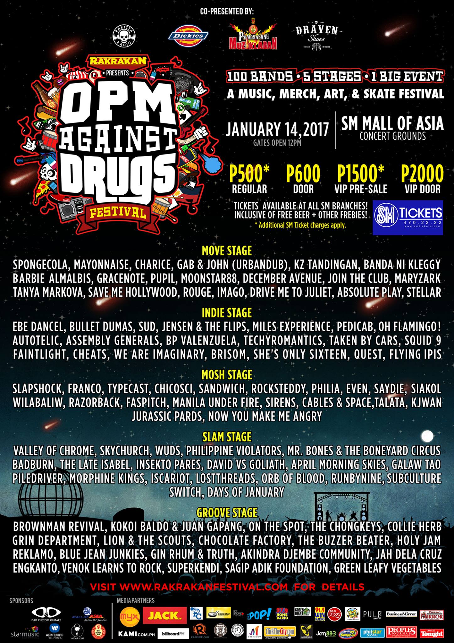 VLTR Page Liked · December 22 · 100 bands / 5 stages / 1big event .. Full line-up for Rakrakan Festival.. What stage Are you gonna hang with? Goodmorning PH! ---- Rakrakan Festival Page Liked · December 21, 2016 · RAKRAKAN: OPM AGAINST DRUGS FESTIVAL. WANT TO WIN VIP Tickets + Official Event Shirt + Freebies? We’re giving away VIP TO 4 LUCKY WINNERS! Just share this photo to your wall, tag at least 5 of your friends that you want to bring at the event, and hashtag #OPMAgainstDrugs #RakrakanFestival. Don’t forget to public your post so we can see it. Winners will be randomly picked and announced on January 10 at 7pm. Tickets are available at all SM TICKETS outlets located in SM CINEMAS nationwide. REGULAR P500 / REGULAR Barkada Promo Buy 4 + Get 1 Free / REGULAR Door Price P600 / VIP Pre-Sale P1500 / VIP Door Price: P2000 (+ Sm Ticket Charges). For ticket inquiries, please call 4702222. For more details visit http://rakrakanfestival.com/ RSVP: Rakrakan Festival : OPM Against Drugs