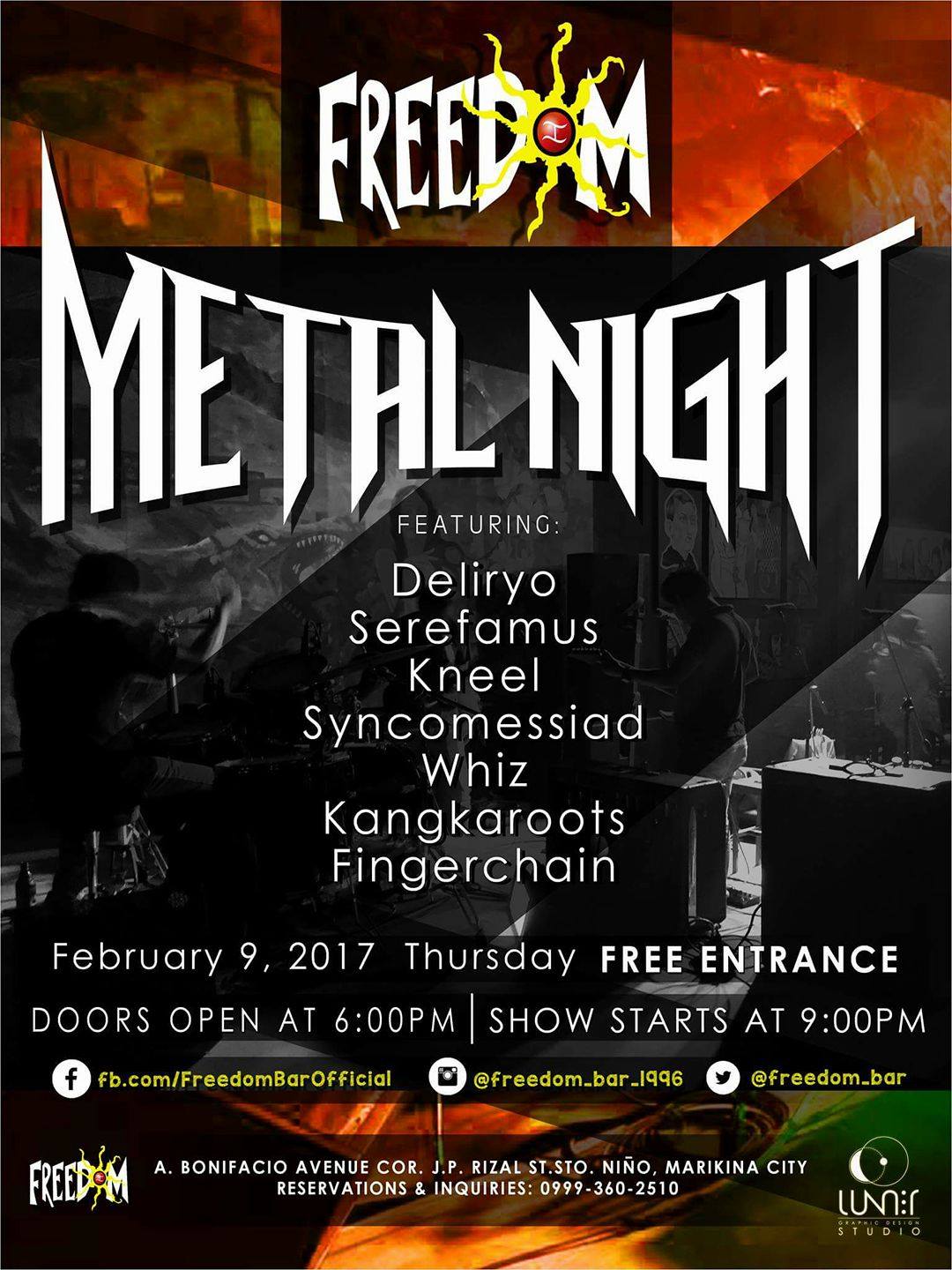 Pol Calinawan 16 hrs · Edited · Metal Night m/ February 09, 2017 Thursday. Free Entrance. featuring: DELIRYO, Serefamus, KNEEL, syncomessiad, Whiz, Kangkarots, Finger Chain. Freedom Bar. A. Bonifacio Avenue corner J.P. Rizal Street, Sto. Niño, Marikina City. 0999.3602510 ▲ http://bandstand.ph/2017/02/09/metal-night-2-9-17/ — with Zyx Gisap and McQueen de Guzman at Freedom Bar Events.