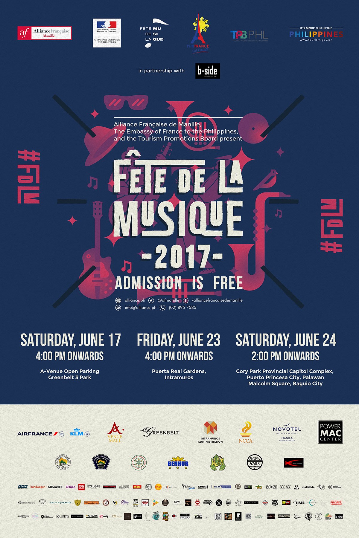 Fête de la Musique Greenbelt Main Stage (Official event page) Public · Hosted by Alliance française de Manille clock Saturday, June 17 at 4 PM - 1 AM Jun 17 at 4 PM to Jun 18 at 1 AM pin Show Map Greenbelt 3 Arnaiz Ave, Makati Fête de la Musique will once again be staging one of its Makati stages at the Greenbelt 3 Park on June 17, 2017 from 4:00 pm onwards. We have prepared a great line-up for you consisting of great and sought-after Filipino musicians performing different genres of music: 4:00 - 4:45 PM Ourselves the Elves Garage (Folk / Alt Country) 4:45 - 5:30 PM Oh, Flamingo (Indie Rock) 5:30 - 6:15 PM Brat Pack (Rock & Roll / Blues) 6:15 - 7:00 PM Toni B. Quirky (Pop / Jazz / Swing) 7:00 - 7:45 PM Tandems ‘91 (Electronic Music) 7:45 - 8:30 PM Taken By Cars (Indie Rock) 8:30 - 9:15 PM Chocolate Grass (Soul / Jazz) 9:15 - 10:00 PM Kat Agarrado (Funk / Soul / Jazz) 10:00 - 11:00 PM BP Valenzuela (Ambient / Electronic Pop) 11:00 - 11:45 PM Tarsius (Electronica) ADMISSION FOR FETE DE LA MUSIQUE IS FREE! The 23rd Edition of Fête de la Musique is brought to you by the Alliance Française de Manille, Embassy of France to the Philippines, Tourism Promotions Board with B-Side Productions. --- Alliance française de Manille added 6 new photos. June 2 at 6:14pm · Presenting the main stages and over 30 pocket stages of the 23rd Edition of Fête de la Musique in the Philippines