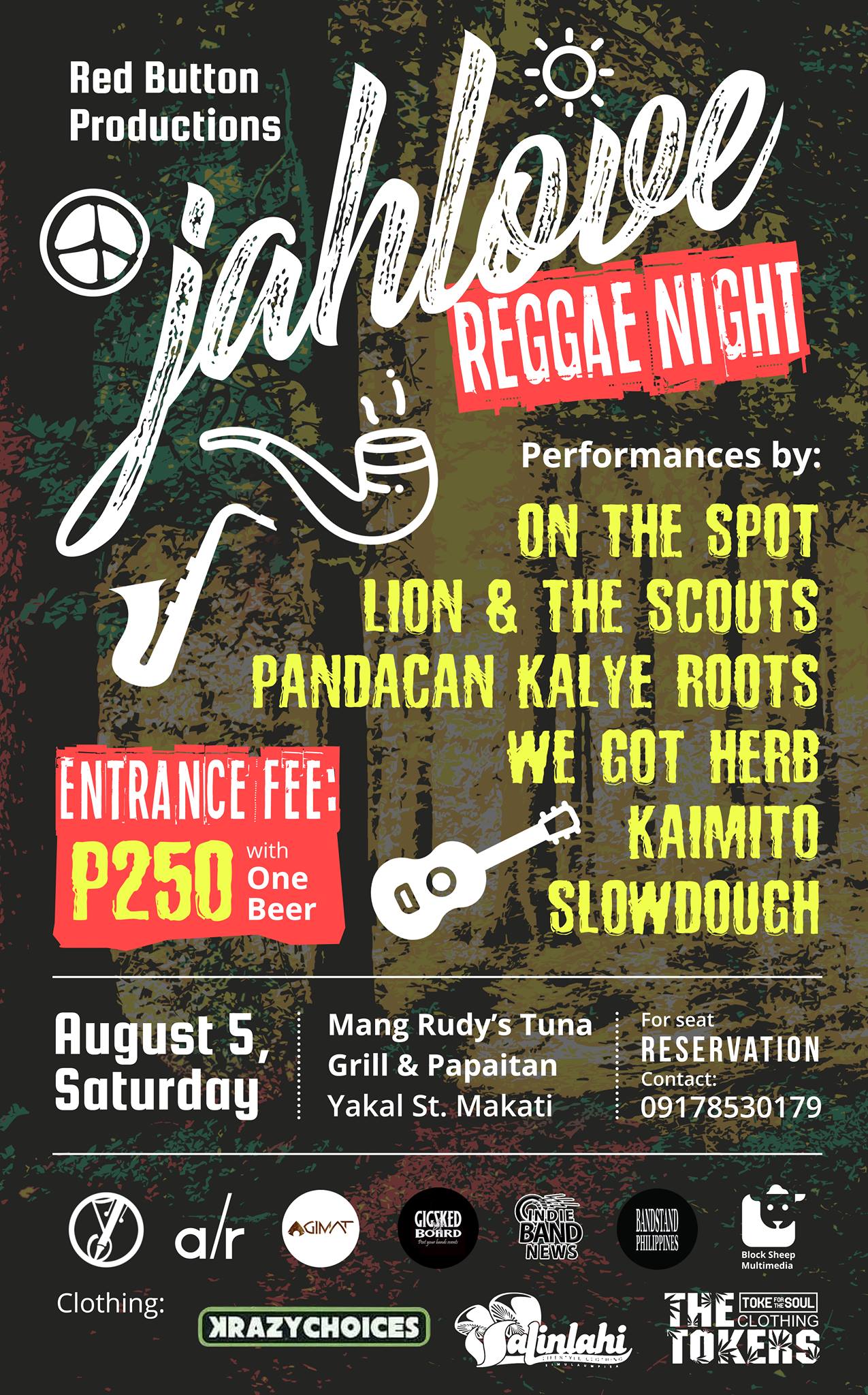 Red Button Productions Page Liked · Paid· July 19 · Red Button Productions present JAHLOVE: Reggae Night Red Button Event #266 August 5, Saturday | 8:00pm at Mang Rudy's Tuna Grill And Papaitan, Yakal Street, Makati Entrance Fee: P250 with 1 drink performances by: On The Spot Lion and the Scouts Pandacan KALYE ROOTS We Got Herb Michael Adrian Kaimito Pasok Slowdough Event Link: https://www.facebook.com/events/912069992293393 Media Partners: Block Sheep Multimedia Indie Band News Bandstand Philippines Gig Sked Board Agimat: Sining at Kulturang Pinoy Songwriters Philippines Adobo Radio The Tokers Salinlahi Lifestyle Clothing KRAZY CHOICES — feeling excited at Mang Rudy's Tuna Grill And Papaitan. — Products shown: Red Button Shirt